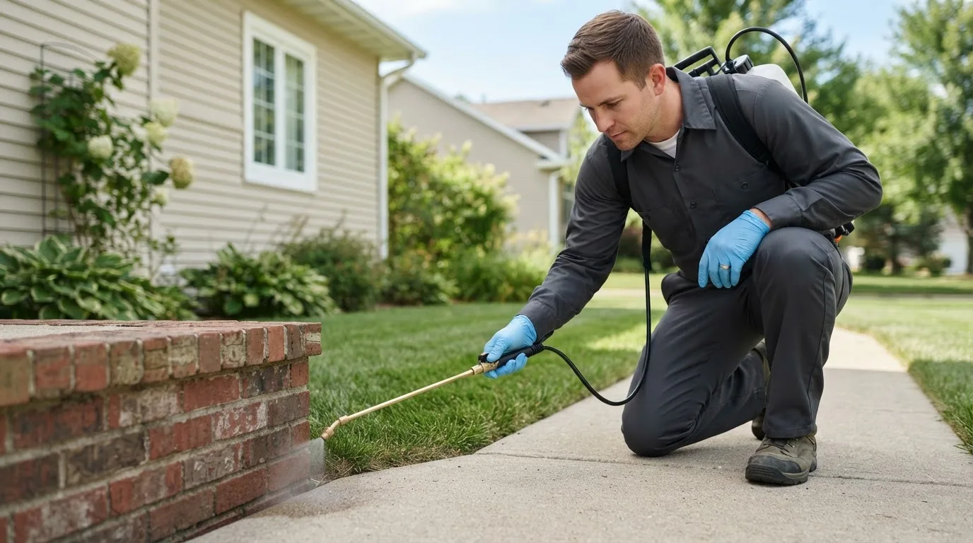 Pest control technician treating a home near Oakwood, OH